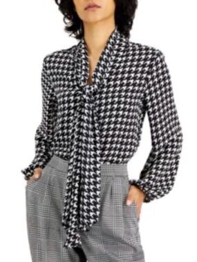 Bar lll Black & White Houndstooth Tie-Neck Blouse - Women NWT Size XXS.     #16